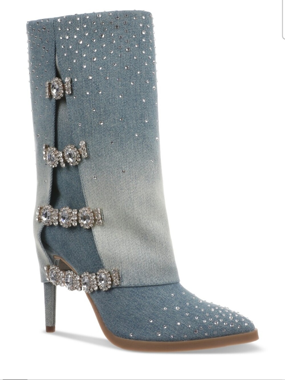 Thalia Sodi Denim Ombre Rhinestone Crystal Buckle Boots Size 6 NEW - Picture 4 of 14